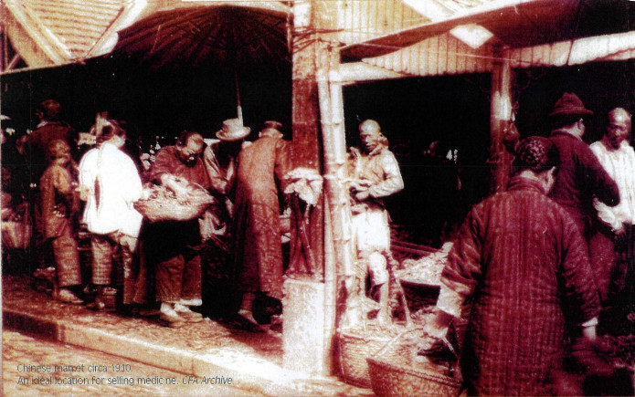 Chinese market circa 1910. An ideal location for selling medicine. CFA Archive.